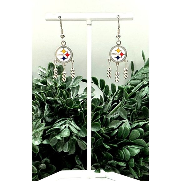 Pittsburgh Steelers Logo Dangle Earrings With Beaded Accents - Picture 5 of 7
